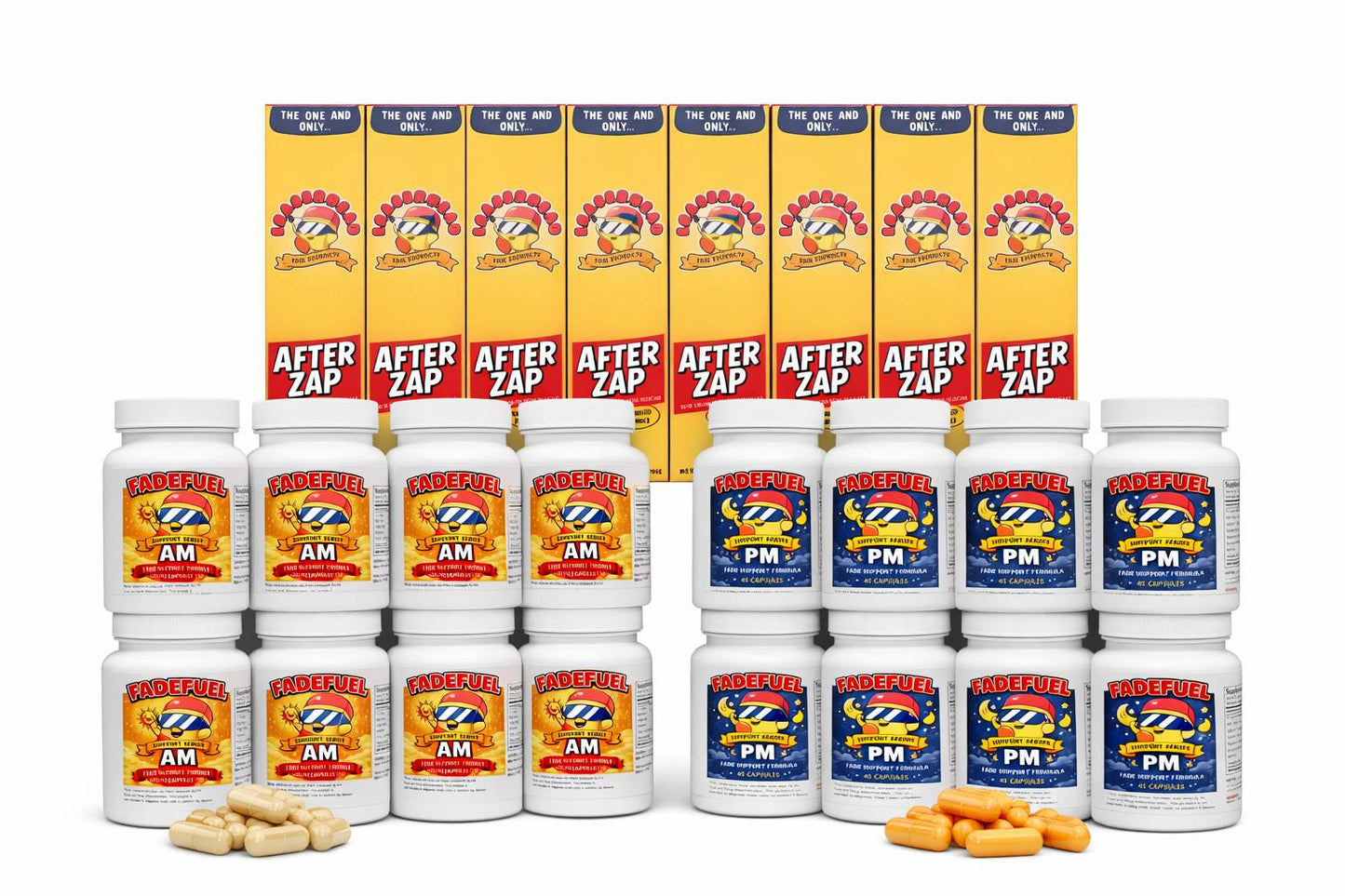 1 year supply Supplement products including bottles and boxes labeled 'After Zap' on a white background