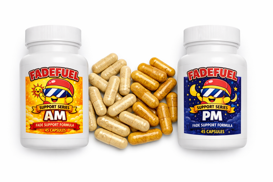 FadeFuel AM and PM fade support supplement bottles with capsules on a white background