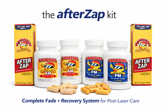 The AfterZap Kit with FadeFuel AM and PM bottles and AfterZap boxes — complete fade and recovery system for post‑laser care